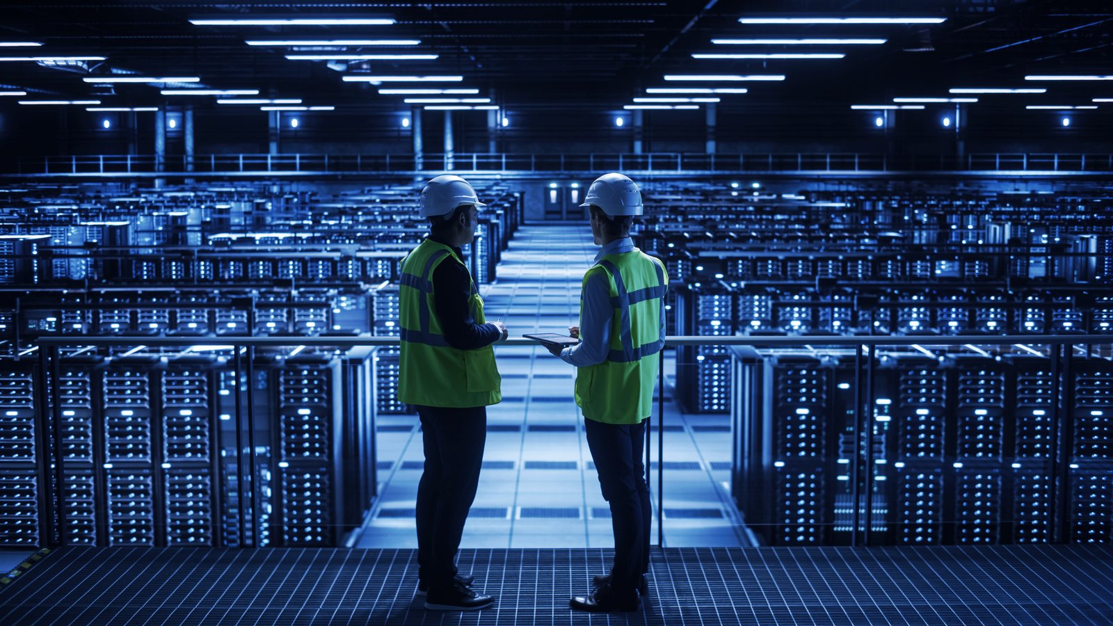 Two engineers in hard hats and hi-vis vests reviewing a tablet in a data centre server aisle