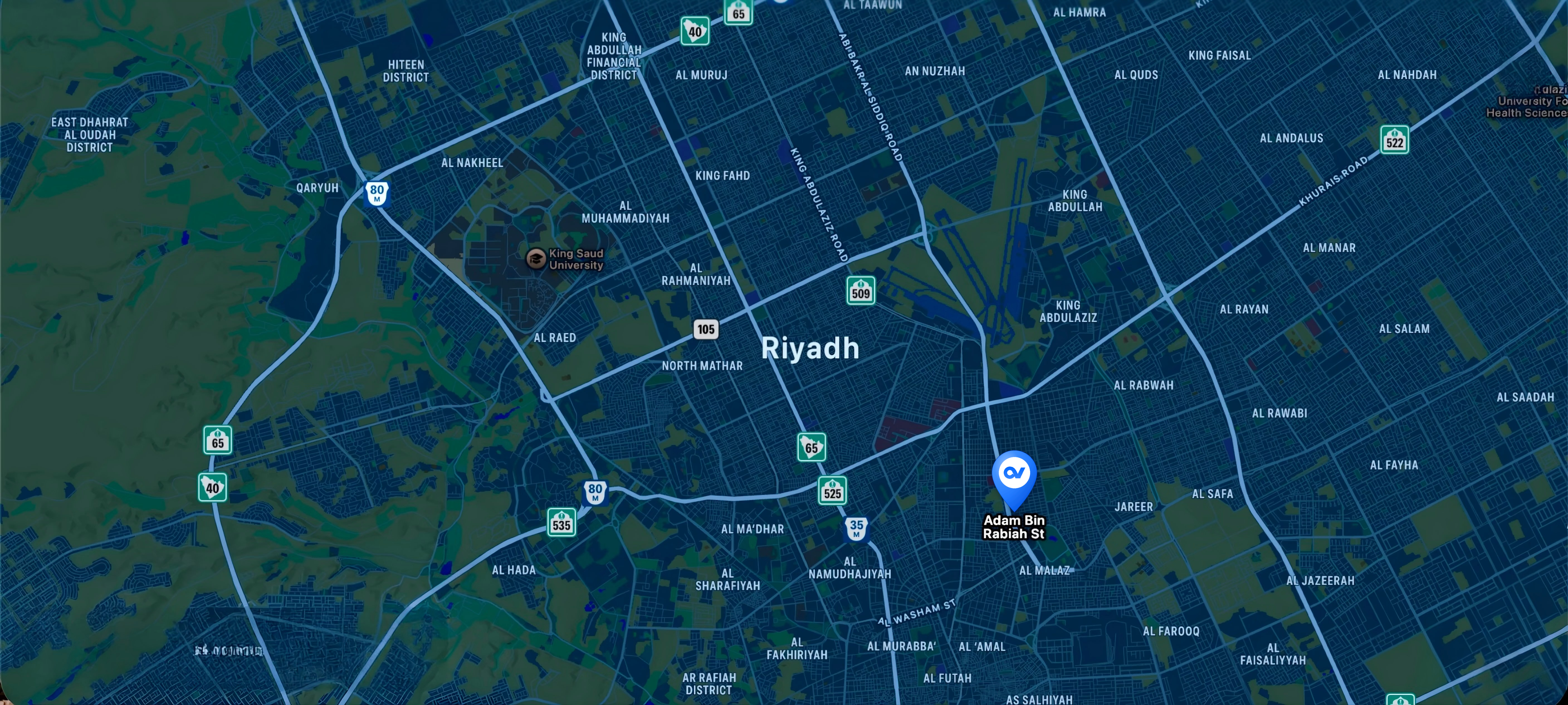 Map of Al Malaz district, Riyadh, showing the streets and landmarks around the OVEEQ Technologies office, with a pin marking Adam Ibn Rabiah Street