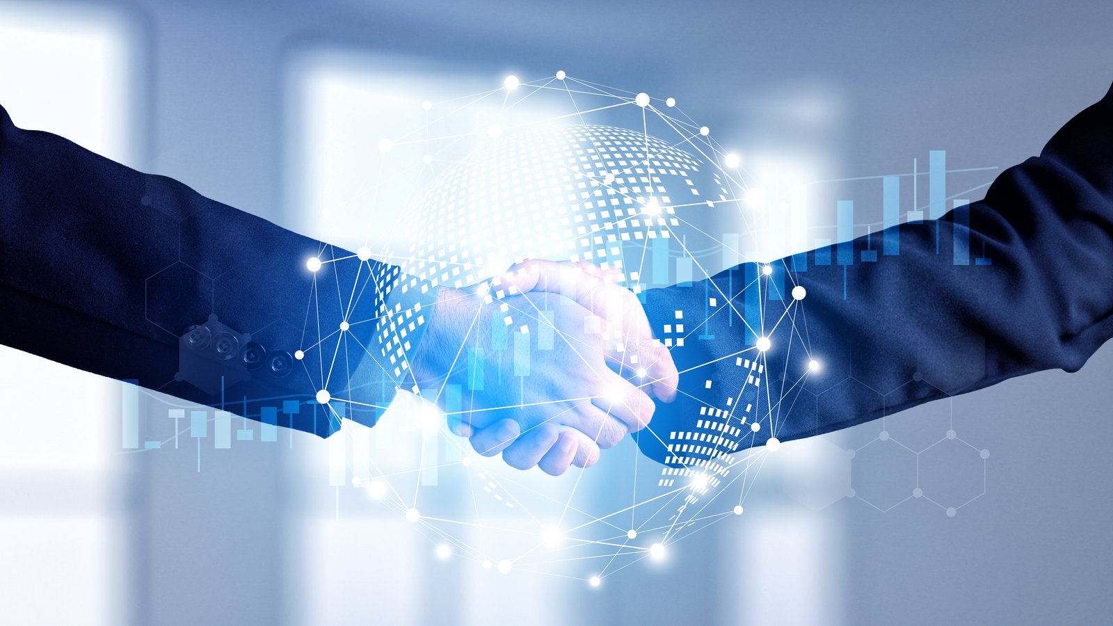 Two business partners shaking hands with a digital global network overlay, representing OVEEQ's growing vendor relationships