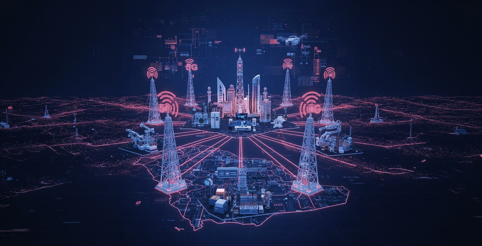 Illustration of a nationwide 5G network of towers and infrastructure connecting a smart city, representing OVEEQ's hardware and infrastructure services