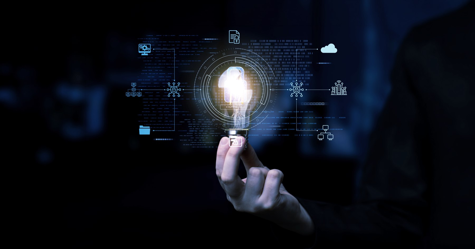 A hand holding a glowing lightbulb surrounded by connected technology icons, representing OVEEQ's innovative approach to every commitment