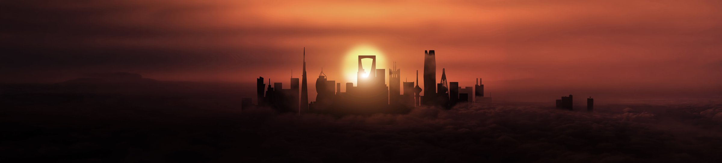 Riyadh skyline silhouetted against a dramatic sunset, with the Kingdom Centre Tower at the horizon