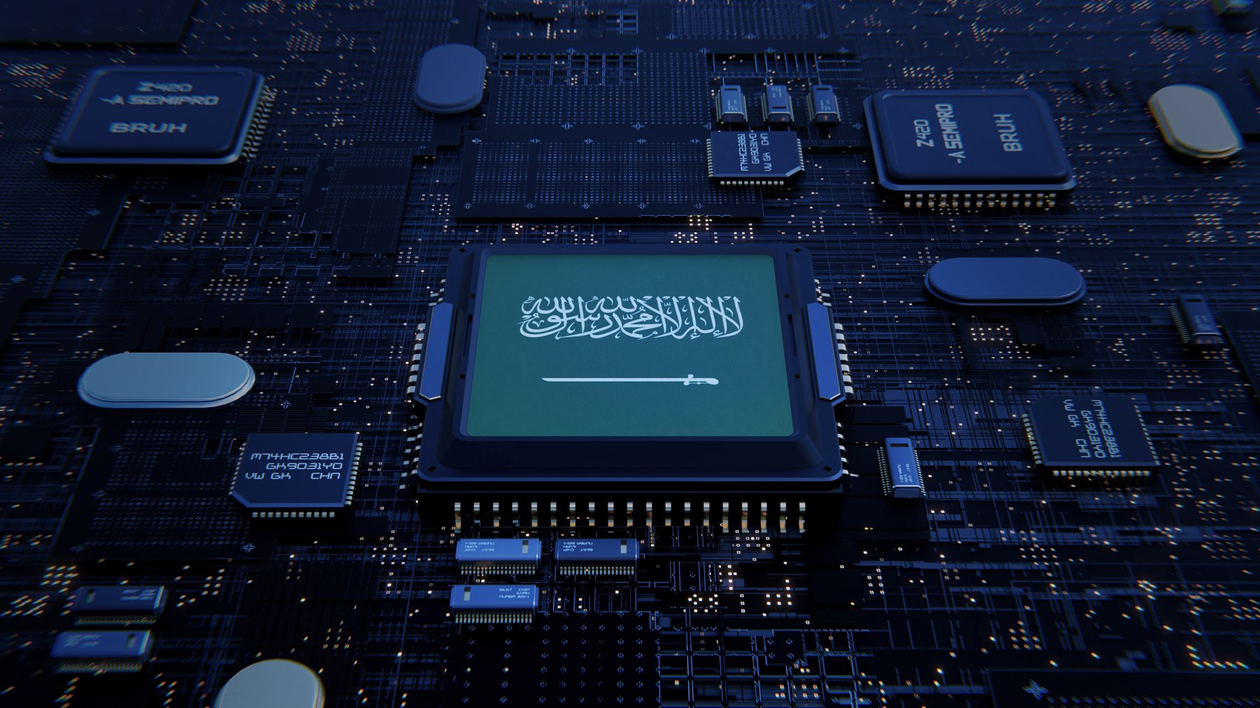 Close-up of a circuit board with a chip bearing the Saudi Arabian emblem, representing OVEEQ's Saudi-founded technology expertise