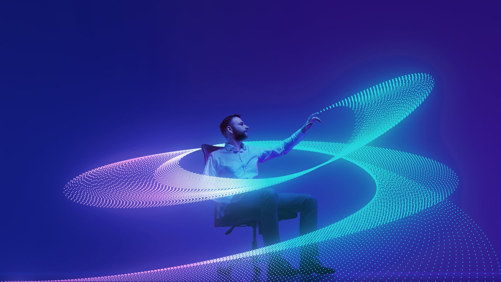 Professional seated in a chair surrounded by a glowing data ring, representing OVEEQ's independent technology landscape